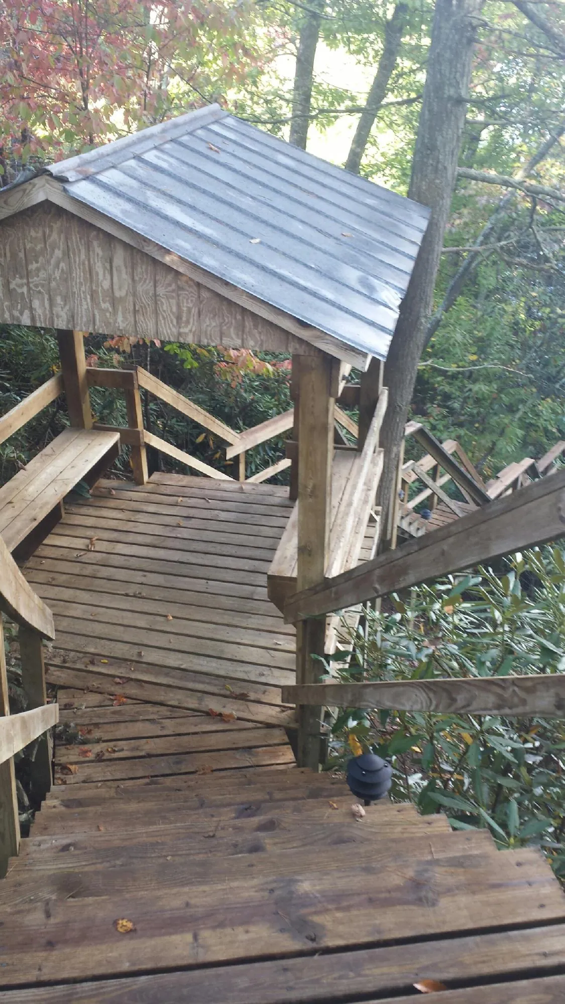 Metal roofed shelter over wooden steps on a wooded walkway — Skylight Repair & Installation work by our crew in Guin